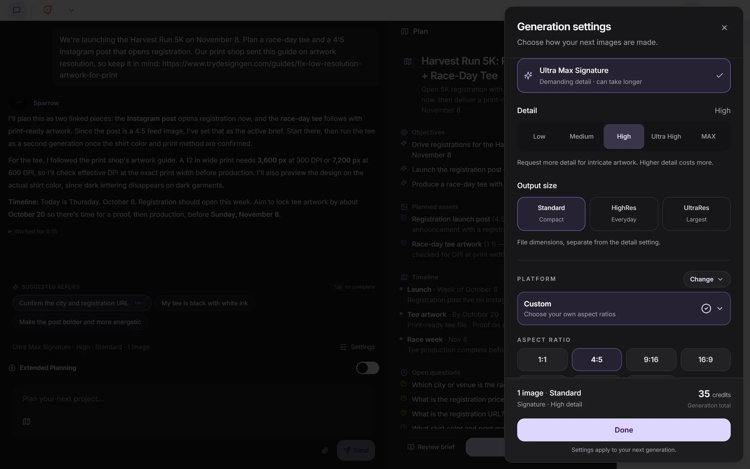 Generation settings panel in Creative Studio Plan mode with Ultra Max Signature, High detail and the 4:5 aspect ratio selected